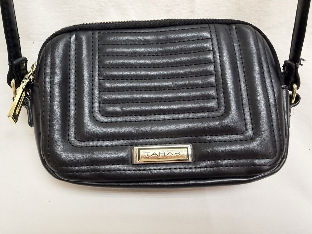 Tahari Black Crossbody Bag, Gold Hardware, Quilted Faux Leather